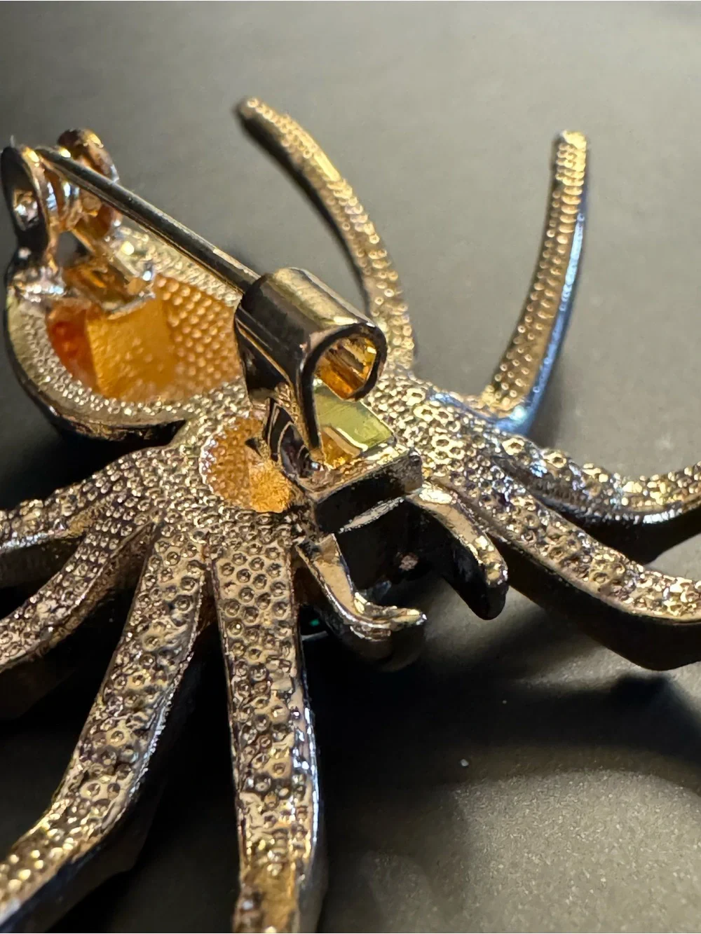Vintage Gold Tone Black Enamel Rhinestone Spider Brooch